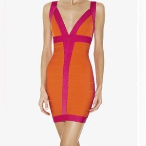 Herve Leger Pink Orange Citrus Flamingo look alike bodycon  dress woman size m
